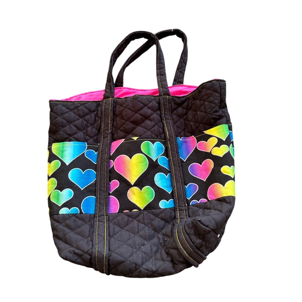 Handmade Quilted Cotton Tote Bag Rainbow Ombre Hearts Black Pink Medium Shoulder